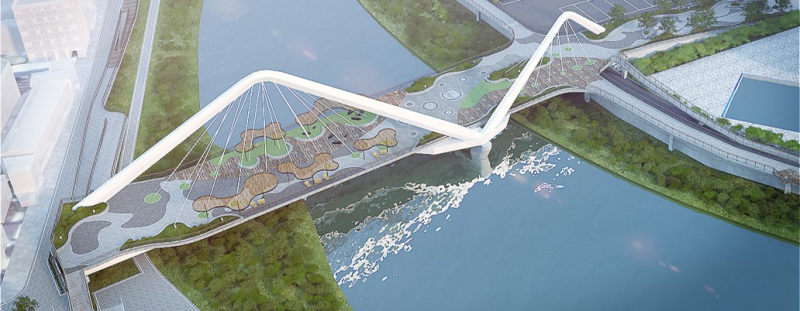 三峽長福橋採大小不對稱雙山形拱橋，猶如老鷹展翅高飛（示意圖）。   圖：新北市水利局提供
