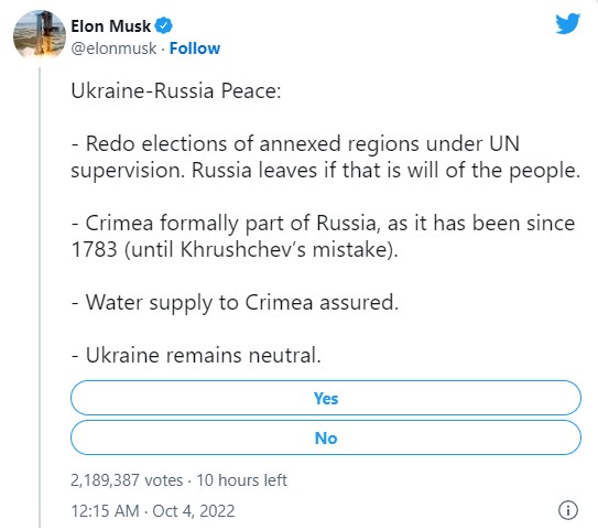 馬斯克先前的推文提出一套「烏俄和平」方案，引發烏克蘭及其支持者的強力抨擊。   圖：翻攝自Elon Musk Twitter