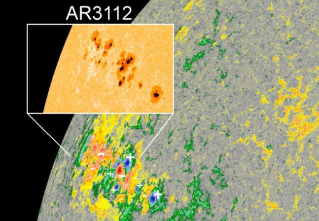 太陽上最近出現最大的黑子群AR3112，範圍超過130,000萬公里，大約是地球直徑的10倍大。   圖：台北市立天文館/提供