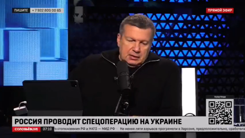 索洛維約夫在節目上表示，北約已經聞到了俄羅斯人的血，他們認為他們可以輕蔑、踐踏俄羅斯人。    圖 : 翻攝自 Francis Scarr 推特