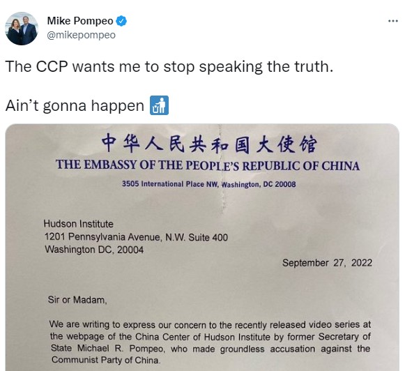 蓬佩奧在推特公開中國駐美使館的威脅信，強調不可能會停止說真相。 圖:翻攝自蓬佩奧推特
