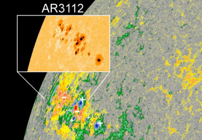 ▲太陽上最近出現最大的黑子群「AR3112」，範圍超過130,000萬公里，大約是地球直徑的10倍大。（圖／台北市立天文館提供）   