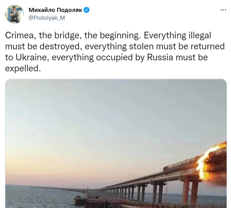 烏克蘭總統顧問波多利亞克在克里米亞大橋爆炸後表示，所有非法的東西都應該被摧毀。   圖: 翻攝自推特 