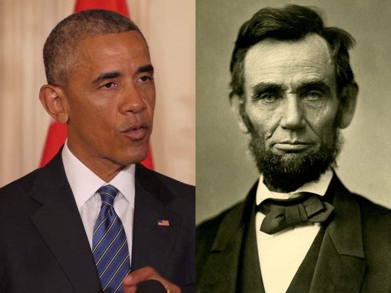 根據美國媒體調查顯示，林肯(右)是歷史學家心目中最出色的美國總統，甫卸任的歐巴馬(左)排名第12。   圖：中央社資料照片(左)、維基百科(右)