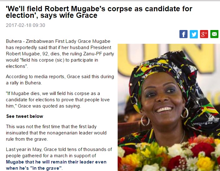 辛巴威第一夫人葛蕾絲公開宣稱，即便丈夫穆加比死了，執政黨依然會以他的遺體參加總統選舉。   圖：翻攝news24網站