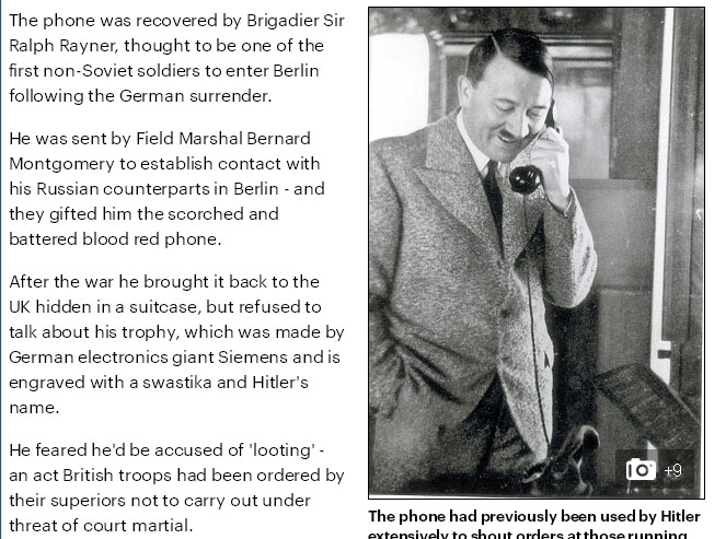 希特勒在二次世界大戰期間，利用該話機下達不少死亡命令。   圖：翻攝《每日郵報》