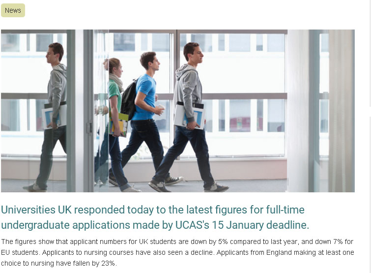 英國全國大學及學院招生處本月稍早公布的數據顯示，英國境內與外國學生申請入學的人數，較往年陡降。   圖：翻攝Universities UK官網
