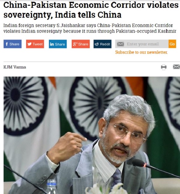 印度外交部次長蘇杰生在北京表示，中巴經濟走廊通過巴基斯坦控制的克什米爾，是侵犯印度主權。   圖：翻攝Livemint