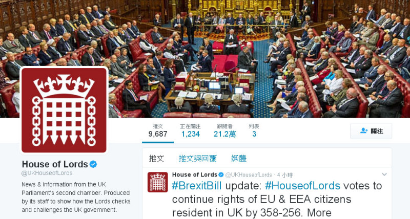 英國上議院1日表決，擋下下議院通過的脫歐法案，堅持英國政府應該確保歐盟公民在英國居留的權利。   圖：翻攝英國會推特