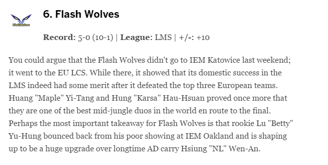 經過IEM，閃電狼於英雄聯盟戰隊排名提升為第六名，成為最高名次的非韓國戰隊。
   圖：翻攝自ESPN官網