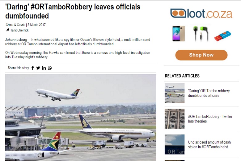 南非約翰尼斯堡坦博機場貨運停機坪遭到13名持槍歹徒闖入，不費一顆子彈，順利搶走約1500萬美元。   圖：翻攝IOL news官網