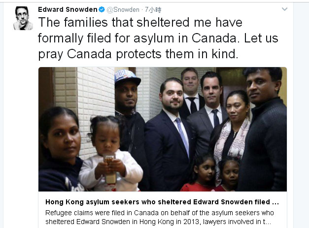 美國中央情報局前僱員史諾登在推特上為斯里蘭卡難民家庭祈禱，希望他們能順利入籍加拿大。   圖：翻攝史諾登推特