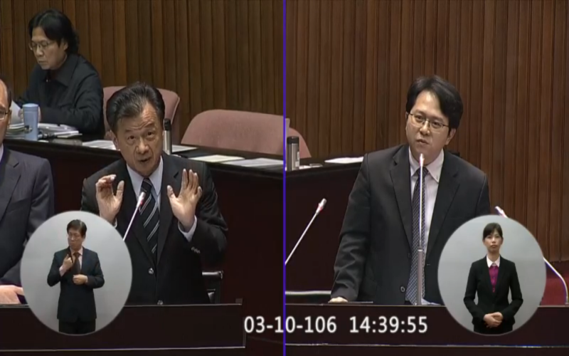 針對中國籍周姓男子涉入共諜案，法務部長邱太三(左)10日回應，《保防法》可以作為建立國家安全事前防護機制。   圖：翻攝自立法院ivod