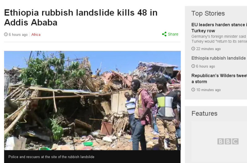 衣索比亞首都阿迪斯阿貝巴效外的Koshe垃圾掩埋場突然崩塌，不少民眾在一夕之間家毀人亡。   圖：翻攝BBC