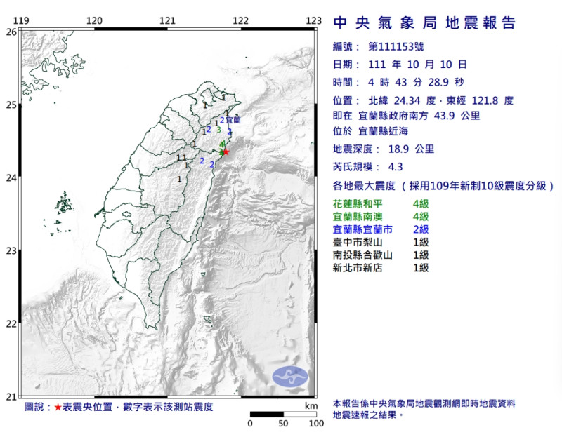 今天清晨宜蘭近海發生規模4.3地震。   圖/中央氣象局