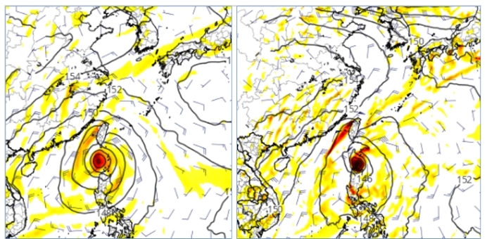 左圖：最新(9日20時)歐洲模式(ECMWF)模擬下週日(16日)，颱風已進入巴士海峽。右圖：最新(9日20時)美國模式(GFS)模擬，時間落後約2天(下週二18日)，颱風才進入巴士海峽。   圖/「三立準氣象．老大洩天機」專欄(擷自tropical tidbits)