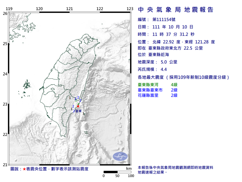 今中央氣象局於11：37分發生芮氏規模4.4的有感地震，震央位於台東縣近海，地震深度5公里，台東縣最大震度4級、花蓮縣2級。   圖：中央氣象局/提供