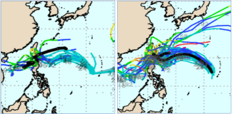 最新歐洲模式及美國模式系集模擬顯示，部分模擬路徑在台灣東側迴轉，部分路徑則進入巴士海峽，之後也呈現北轉或向西南進入南海的分歧路徑。   圖：翻攝自老大洩天機專欄