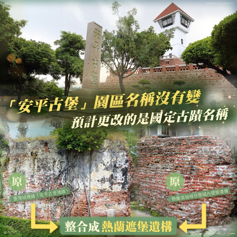 文化部表示，大家所熟悉的安平古堡名稱不變，調整的僅為國定古蹟名稱，如同位於台南市的台灣文學館所在地為國定古蹟「原台南州廳」。   圖：翻攝自文化部臉書