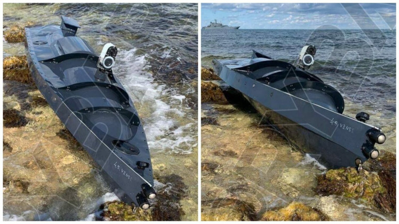 俄羅斯社交媒體出現一張小型、新穎的水面無人船照片，據稱這是使用一般商用無人船載運炸彈，以類自殺攻擊方式攻擊碼頭、船艦。   圖：翻攝Мілітарний
