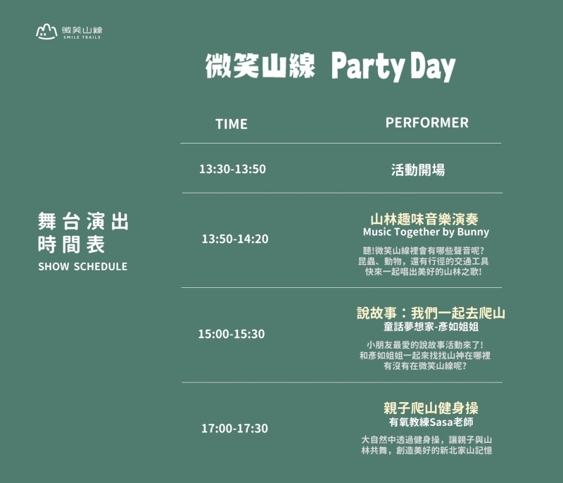 「微笑山線Party Day 親子這樣玩」舞台活動演出時間表。   圖：新北市觀旅局提供