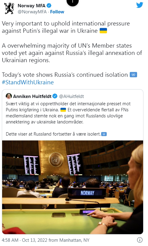 挪威外長貼文慶賀聯合國大會通過譴責入俄公投案。   圖 : 翻攝自推特
