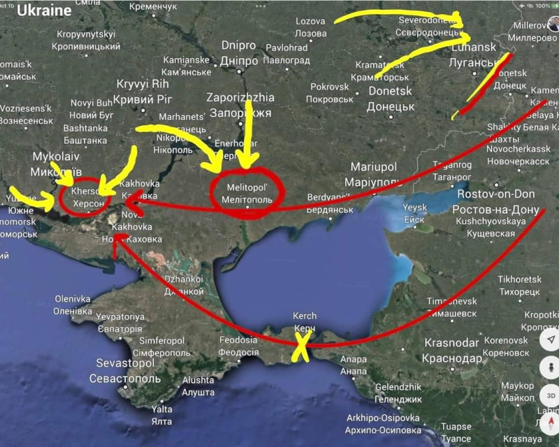 位在克赤海峽的克里米亞大橋連接克里米亞與俄國本土，是相當重要的戰略要地，可提供馬里烏波爾(中間紅圈處)與赫爾松(左邊紅圈處)抵抗烏軍反攻的物資。黃線部分代表烏軍目前攻勢。   圖 : 翻攝自Google地圖