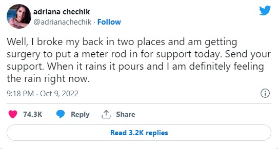 Chechik在推特上提到自己的背部摔斷了兩個地方，目前已經動完手術，並放了固定支架進去。她還調侃道，之後下雨時肯定可以明確感覺到。   圖：翻攝自Adriana Chechik Twitter