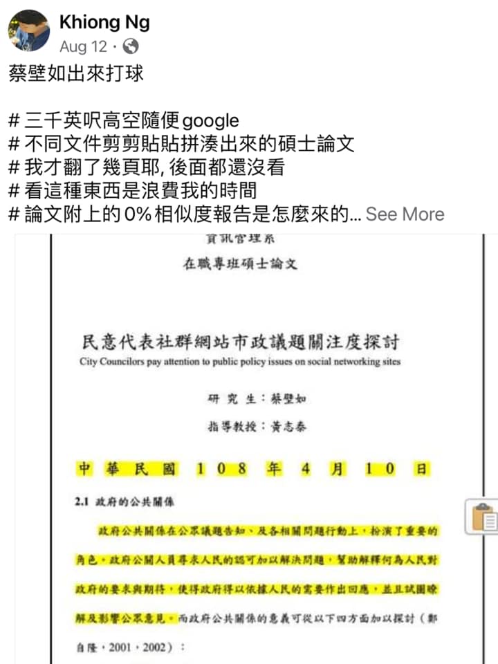 翁達瑞的學者朋友Khiong Ng在搭機時，也發現蔡壁如的「什錦麵」論文有大量的抄襲。   圖：取自翁達瑞臉書