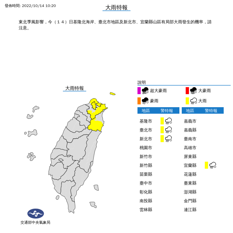 氣象局今日對4個縣市發布大雨特報。   圖：取自中央氣象局網站