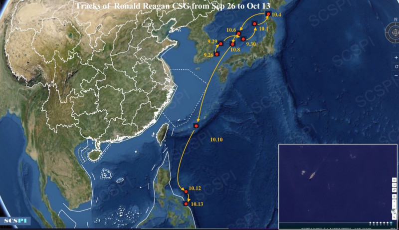 「南海戰略態勢感知計劃平台」PO文，美軍「雷根號」航艦10月13日進入南海。   圖：翻攝@SCS_PI推特
