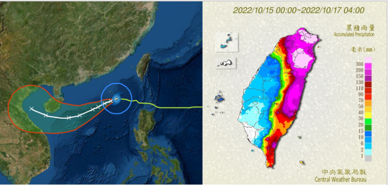 今(17)日清晨4時北部、東半部已有大量降雨，最大累積雨量為台北擎天崗的1230毫米，其次為宜蘭大同鄉975毫米。   圖：翻攝自老大洩天機專欄（中央氣象局）