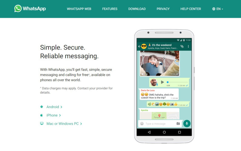 祖克柏強調WhatsApp的「端對端加密」比較私密且安全。   圖：翻攝自WhatsApp官網