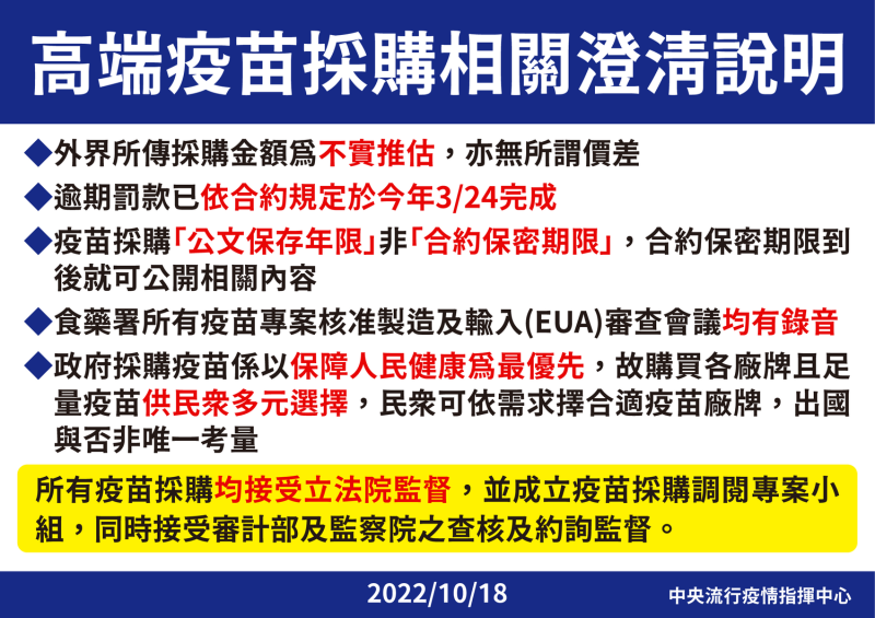 高端疫苗採購相關澄清說明。   圖：中央流行疫情指揮中心／提供