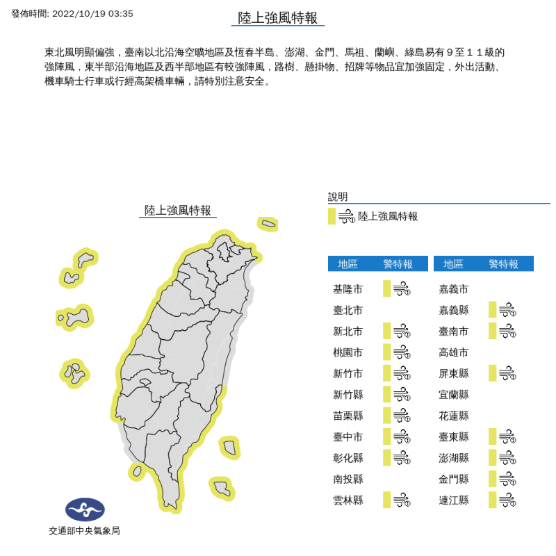 今天台南以北沿海空曠地區，以及恆春半島、澎湖、金門、馬祖、蘭嶼、綠島等16縣市容易有9至11級的強陣風，要留意陸上強風特報。   圖：中央氣象局/提供