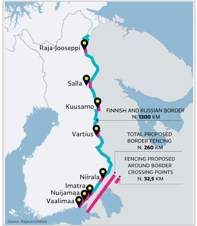 芬蘭邊防警衛隊提議在芬俄長達1340公里的邊境線上，修建130至260公里的圍欄(紅色標示段落)。   圖：翻攝芬蘭邊防警衛隊官網