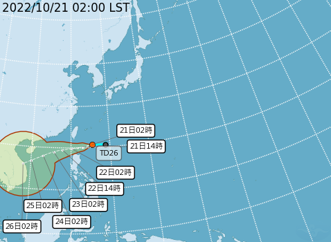熱帶性低氣壓「TD26」今天凌晨2時的位置，在琉球南方海面，以每小時23公里的速度向西南西移動，氣象局提醒要小心它所帶來的局部大雨。   圖：中央氣象局/提供