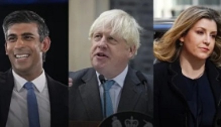 誰來接任下屆英國首相? 蘇納克 (左) 、強生 (中) 和莫當特 (右) 被點名。   