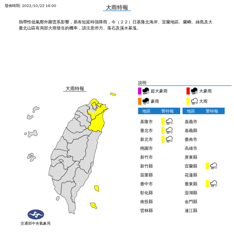氣象局今日對5個縣市發布大雨特報。   圖：取自中央氣象局網站