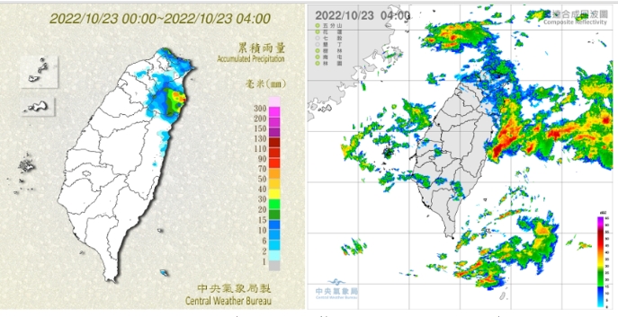 今天截至4時累積雨量圖顯示，北台已有明顯降雨(左圖)；4時雷達回波合成圖顯示，迎風面有較多的降水回波(右圖)   圖/「三立準氣象．老大洩天機」專欄