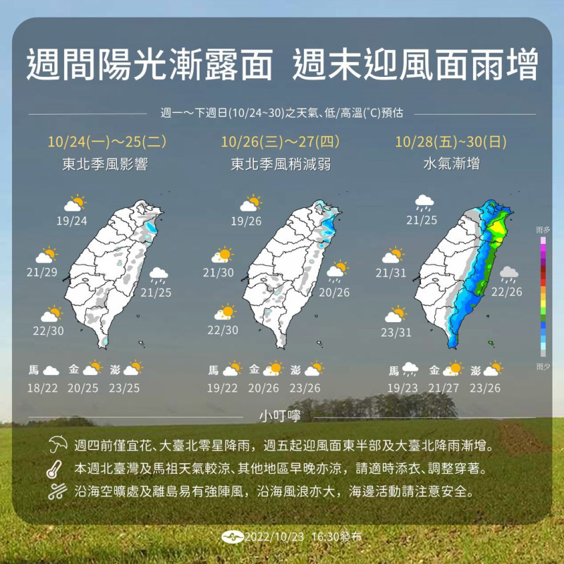 中央氣象局表示，週四前天氣會較穩定，不過週五開始迎風面雲雨又會漸增​。   圖：翻攝自中央氣象局臉書