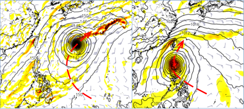 菲律賓東方海面有熱帶擾動發展，美國模式(GFS)模擬在比較遠的位置北轉(左圖)，歐洲模式(ECMWF)模擬則在呂宋島附近北轉(右圖)。   圖：翻攝自老大洩天機專欄
