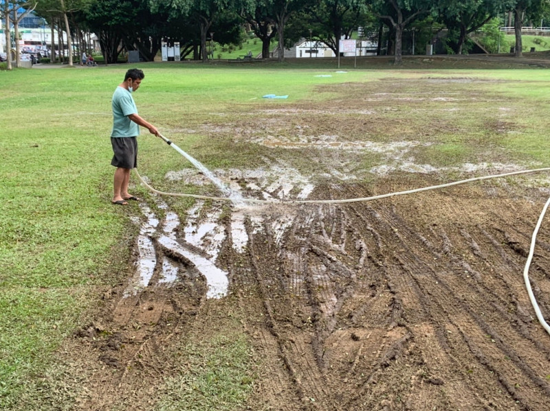 張善政競辦表示，有關陽明公園草皮受損，下週將請園藝公司進行草地復植。   圖：張善政競辦/提供