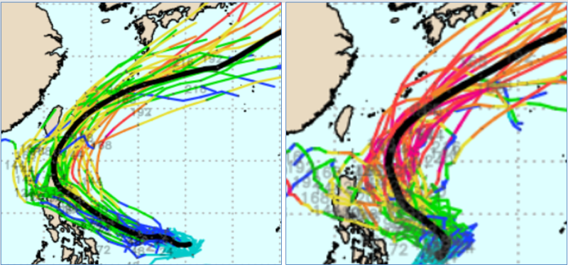 針對菲律賓東方海面的熱帶擾動，吳德榮表示，根據歐洲、美國系集模式顯示，模擬路徑大多在台灣東側海面大迴轉。   圖：翻攝自老大洩天機專欄