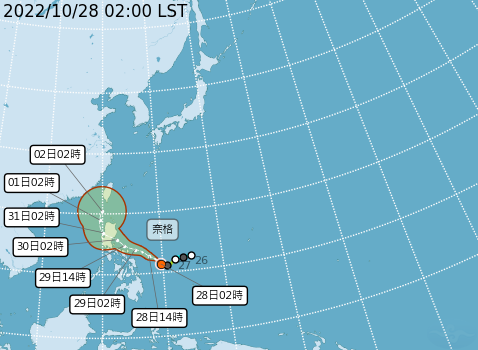 輕度颱風「奈格」凌晨2時的中心位置，距離鵝鑾鼻東南方約1530公里，持續向西北西進行，通過呂宋鳥後是否轉北撲台，仍待觀察。   圖：中央氣象局/提供