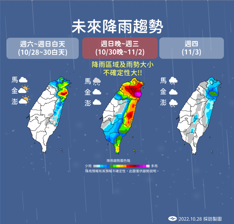 明日到下週四的雨量預測趨勢。   圖：中央氣象局／提供