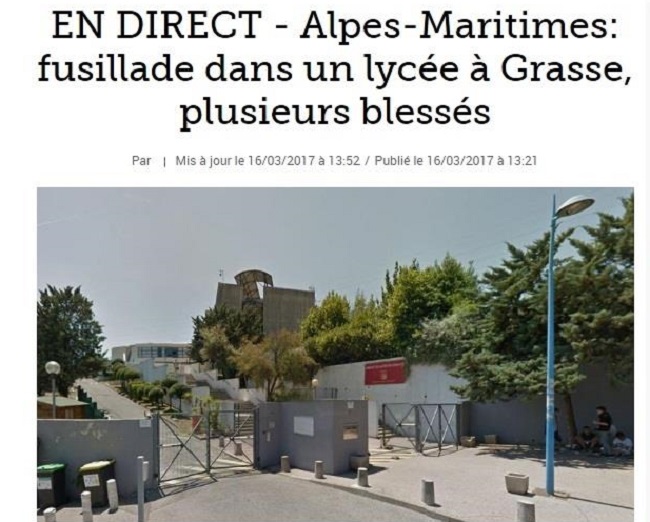 法國南部格拉斯鎮（Grasse）托克維爾中學16日發生校園槍擊案，包括校長在內，已知有3人受傷。   圖：翻攝Le Figaro官網