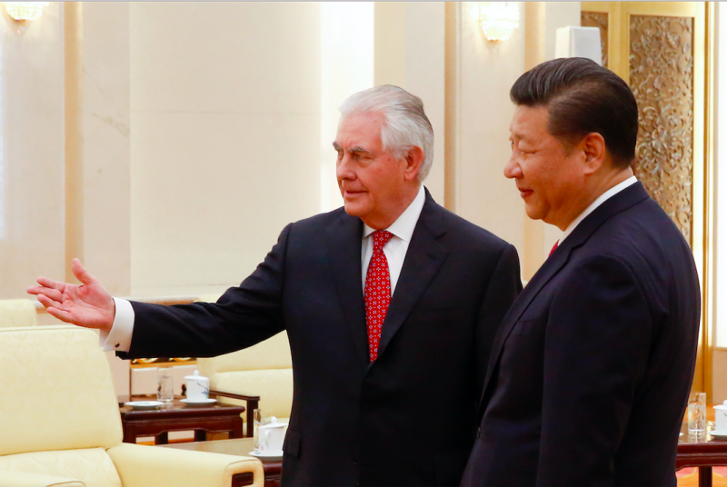 中國國家主席習近平3月19日會見美國國務卿提勒森。美國國務卿提勒森6月21日說，北韓是美國的頭號安全威脅，中國若想防止緊張情勢升高，中方有責任更施壓。   圖：達志影像/美聯社資料照片