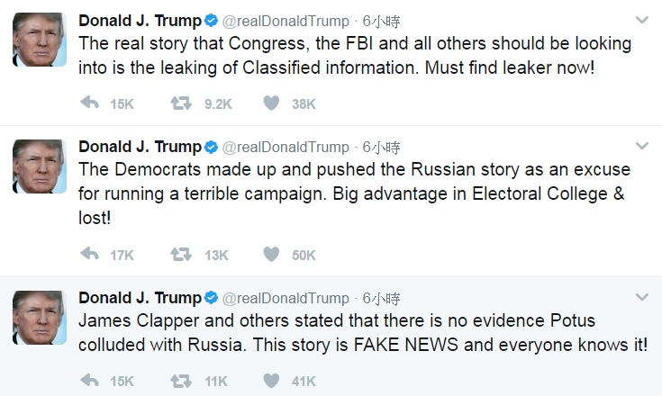 川普20日在推特貼文，砲轟指他與俄國勾結串通的指控是「假新聞」。   圖：翻攝川普推特