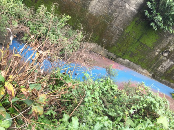 新北市環保局23日接獲通報，發現被藍色廢水染藍的二八張溝。   圖：翻攝新北市環保局網站